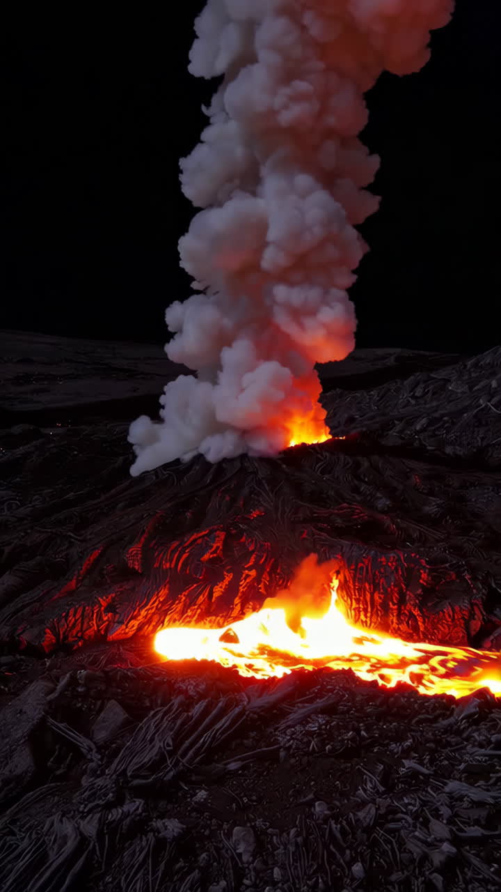 Dramatic Nighttime Volcanic Eruption with Flowing Lava and Smoke Plume