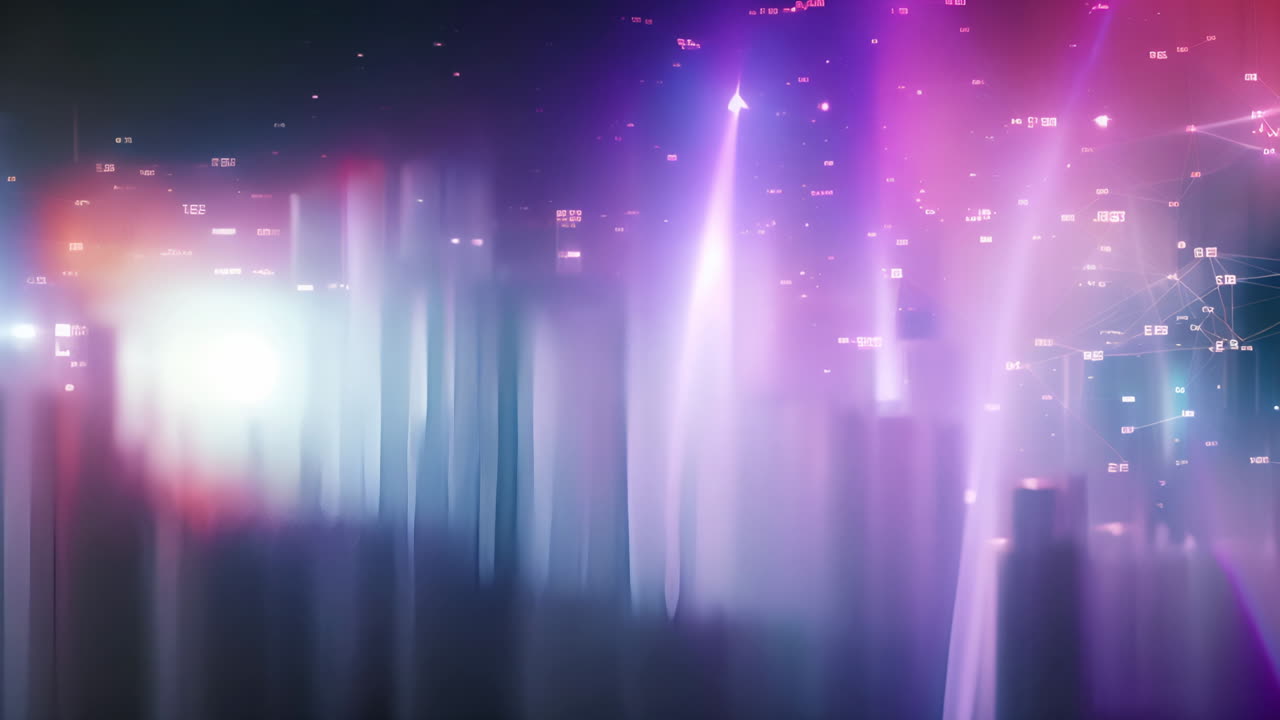 Abstrakt bybillede med glødende lys og datapunkter, futuristisk animation, plads til tekst, loopende