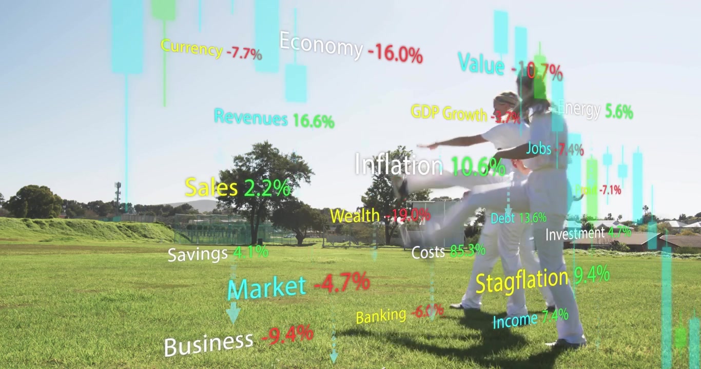 Tre kvinnelige idrettsutøvere går i takt mens flytende finansdiagrammer vises som sporer inflasjon.
