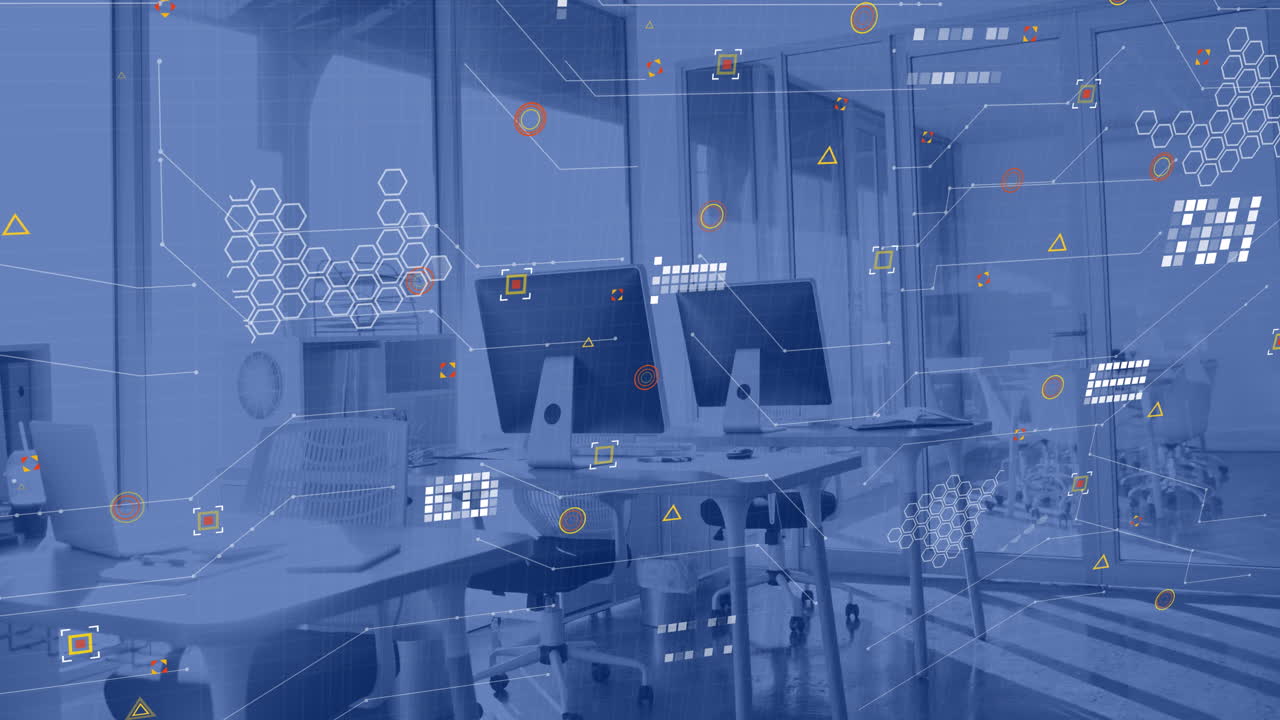 анимация обработки финансовых данных в пустом офисе