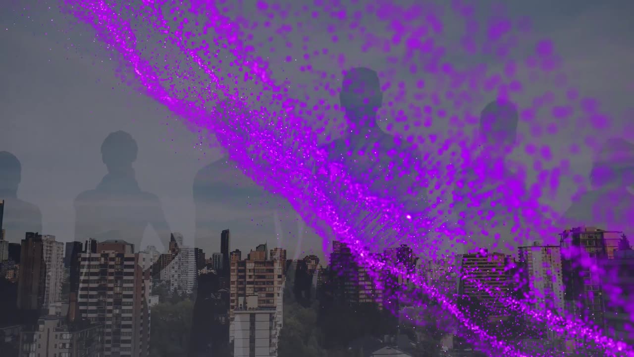animación de puntos azules y gente de negocios sobre el paisaje urbano