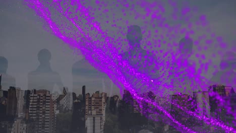 도시 풍경 위에 파란 반점과 사업가들의 애니메이션