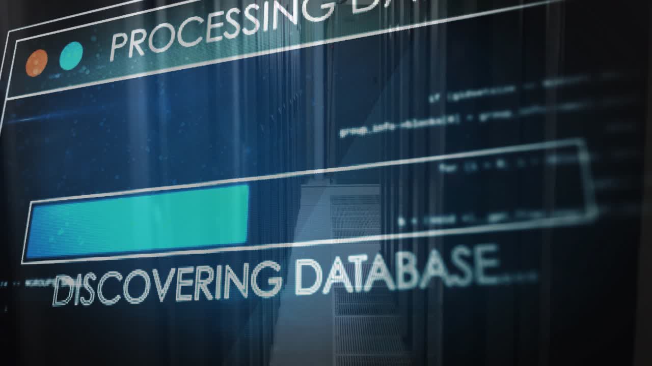 Digitalt overlegg glir inn i serverkorridor, viser fremdriftslinje som laster databehandlingssekvens.
