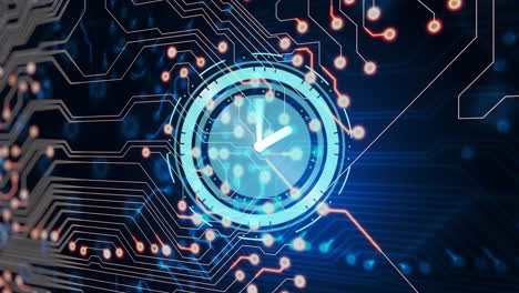 animation of digital clock interface with glowing circuit board connections