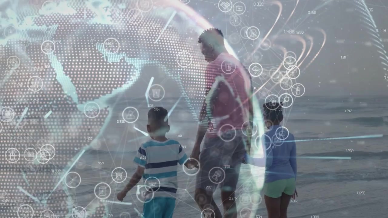 Man stepping forward, guiding two children along shore for safety, tech globe overlaying them