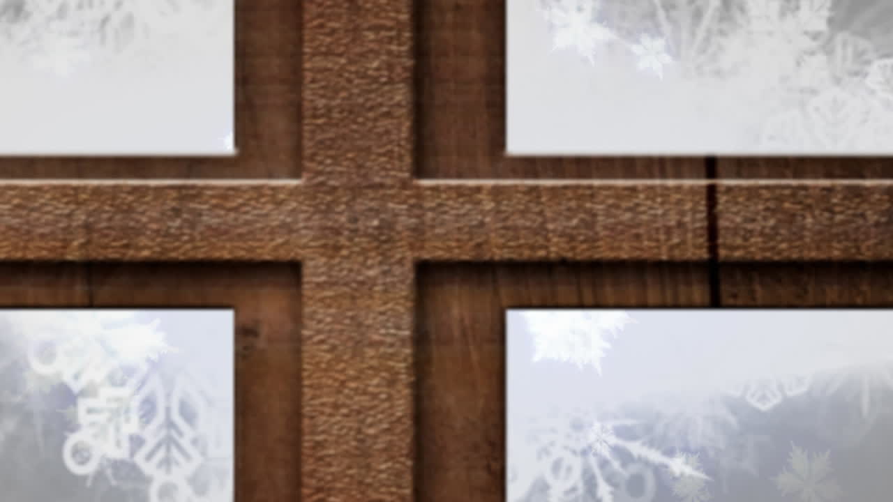 Christmas tree and wooden window frame over snowflakes floating against blue background