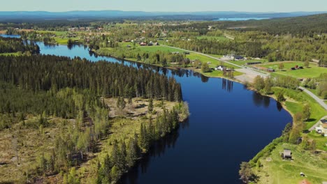 countryside landscape with coniferous forest and calm lake water, appelbo, dalarna, sweden - aerial shot