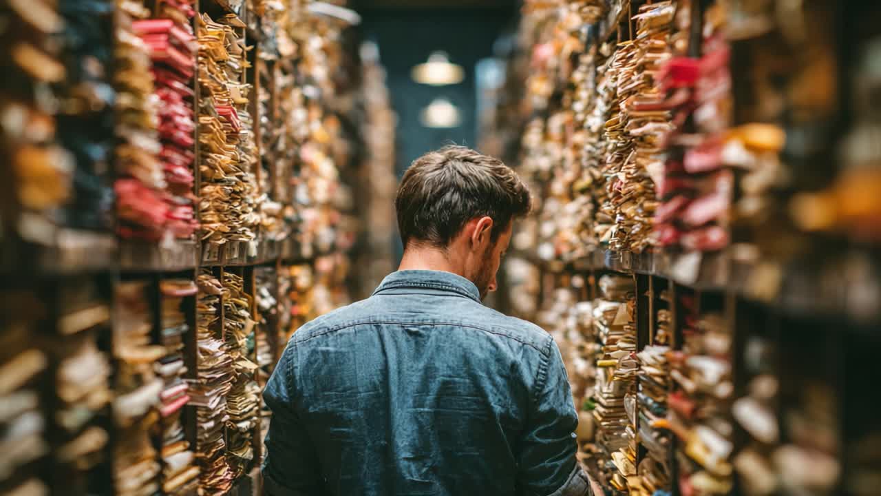 A solitary figure explores a vast archive filled with stacks of papers and documents, navigating through a maze of history and forgotten knowledge, reflecting on past wonders