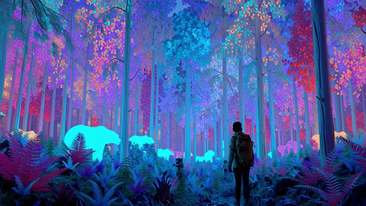 Foresta vivida illuminata da colori brillanti con una persona che esplora di notte