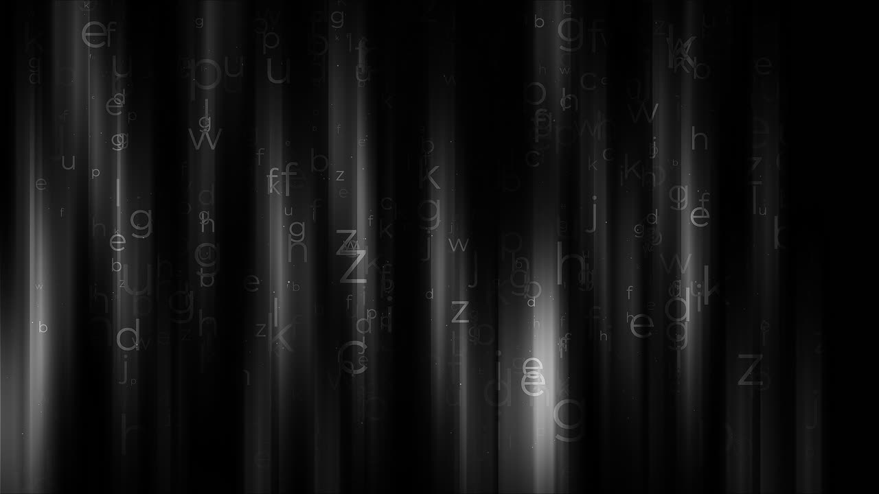 Falling text letters A to Z video on black background. Looped animation with bright rays.