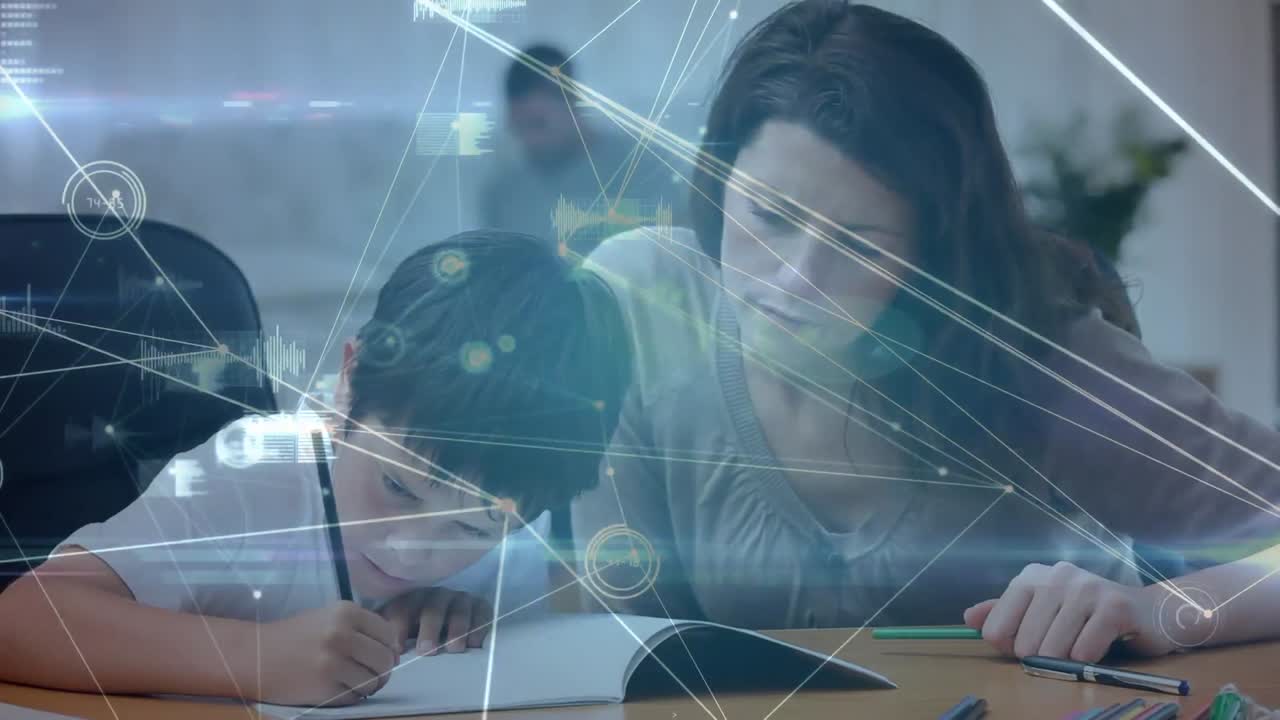 animación de niños en un aula sobre el procesamiento de datos en el fondo