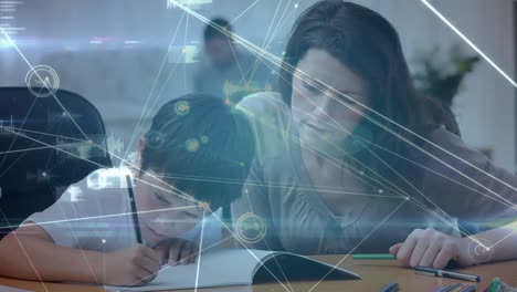 animation of kids in a classroom over data processing in the background