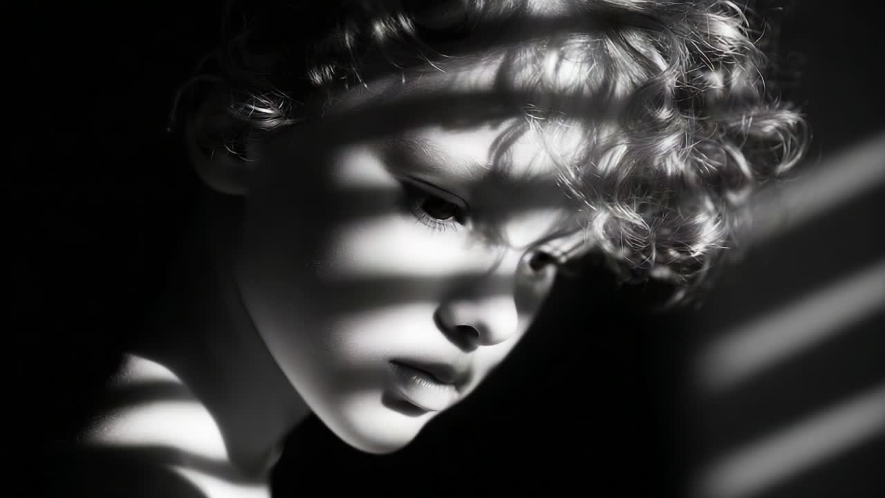 A Dramatic Portrait Showcasing the Expression and Features of a Young Child Wisely Contemplating Under Shadows, Captured in Black and White with Striking Light Play
