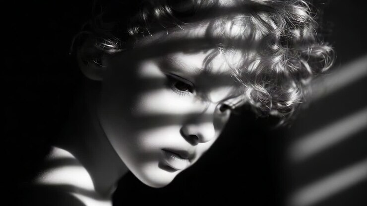 A Dramatic Portrait Showcasing the Expression and Features of a Young Child Wisely Contemplating Under Shadows, Captured in Black and White with Striking Light Play