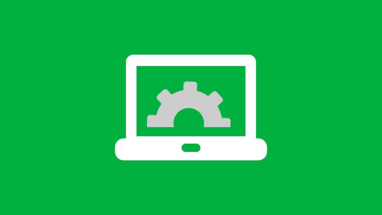 Icono de portátil con engranaje giratorio en pantalla verde