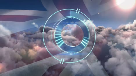 animation of safe lock rotating over uk flag and cloudy sky