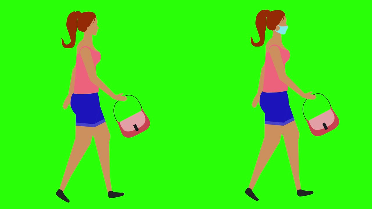 Women walking cycle seamless loop , face mask version, green screen chroma key animation, flat design