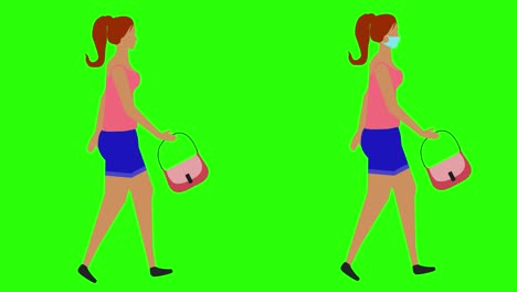 mujeres caminando en bicicleta con bucle sin costuras, versión de máscara facial, animación de clave de croma de pantalla verde, diseño plano