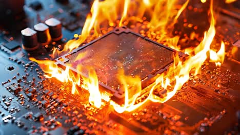 a computer motherboard on fire with a cpu on top of it