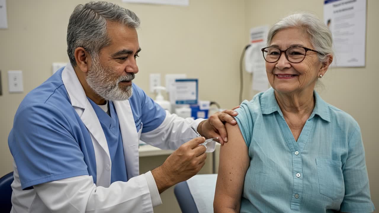 Un professionista sanitario premuroso somministra un vaccino a un paziente anziano in un ambiente clinico accogliente, sottolineando l'importanza della vaccinazione per la salute degli anziani