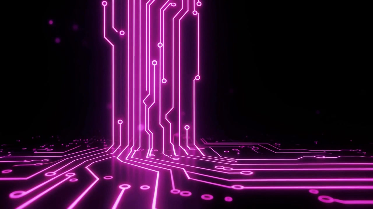 Abstract Digital Circuit Board with Glowing Purple Lines and Data Flow