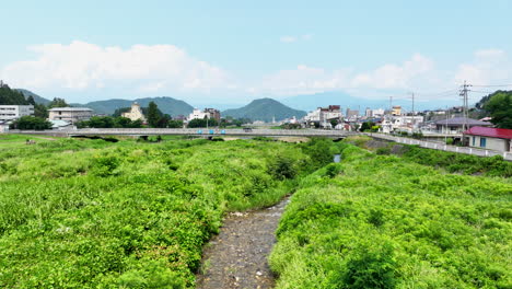 drone shot rising over the overgrown yomase river in yamanochi, summer in japan