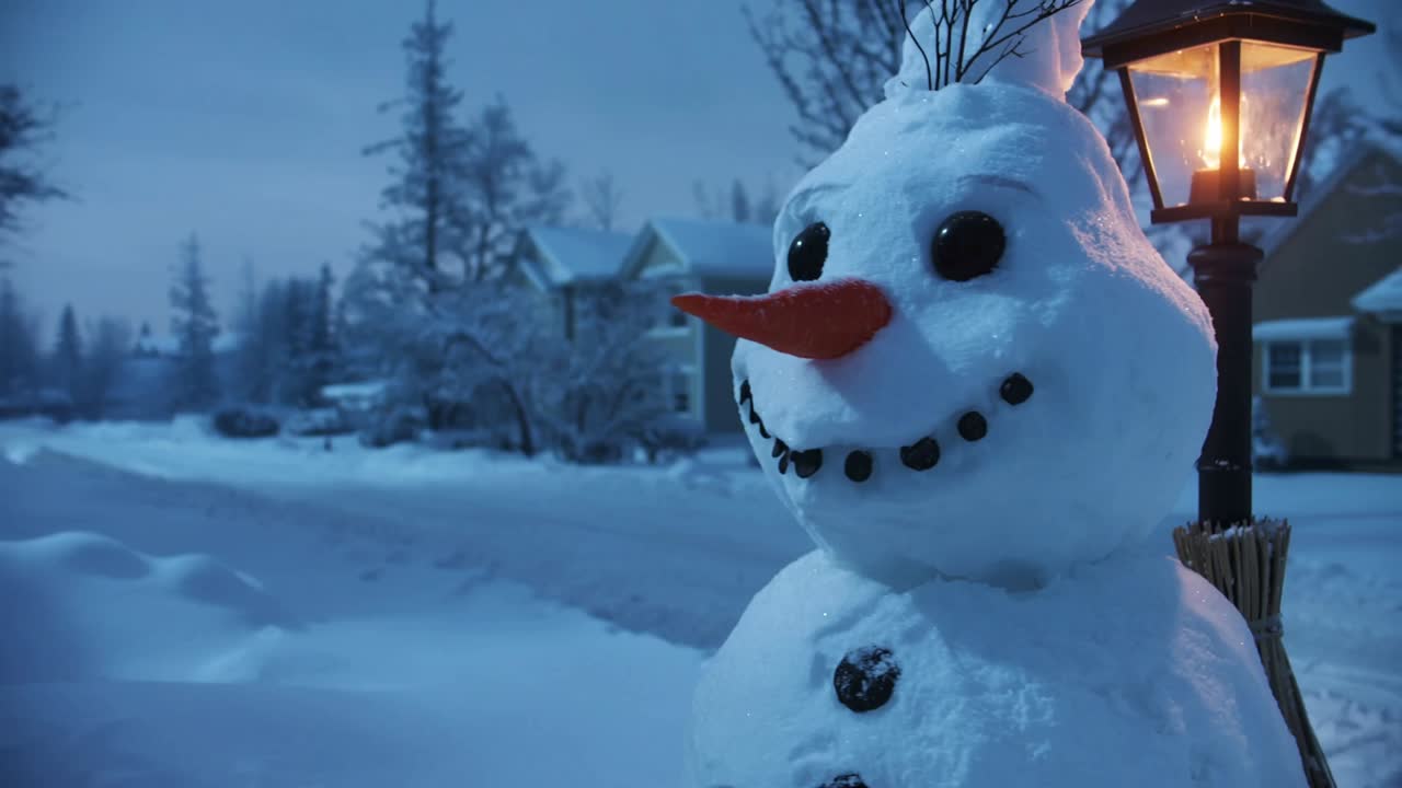 Panning camera capturing snowman turning in suburban yard at twilight, with straw broom, copy space