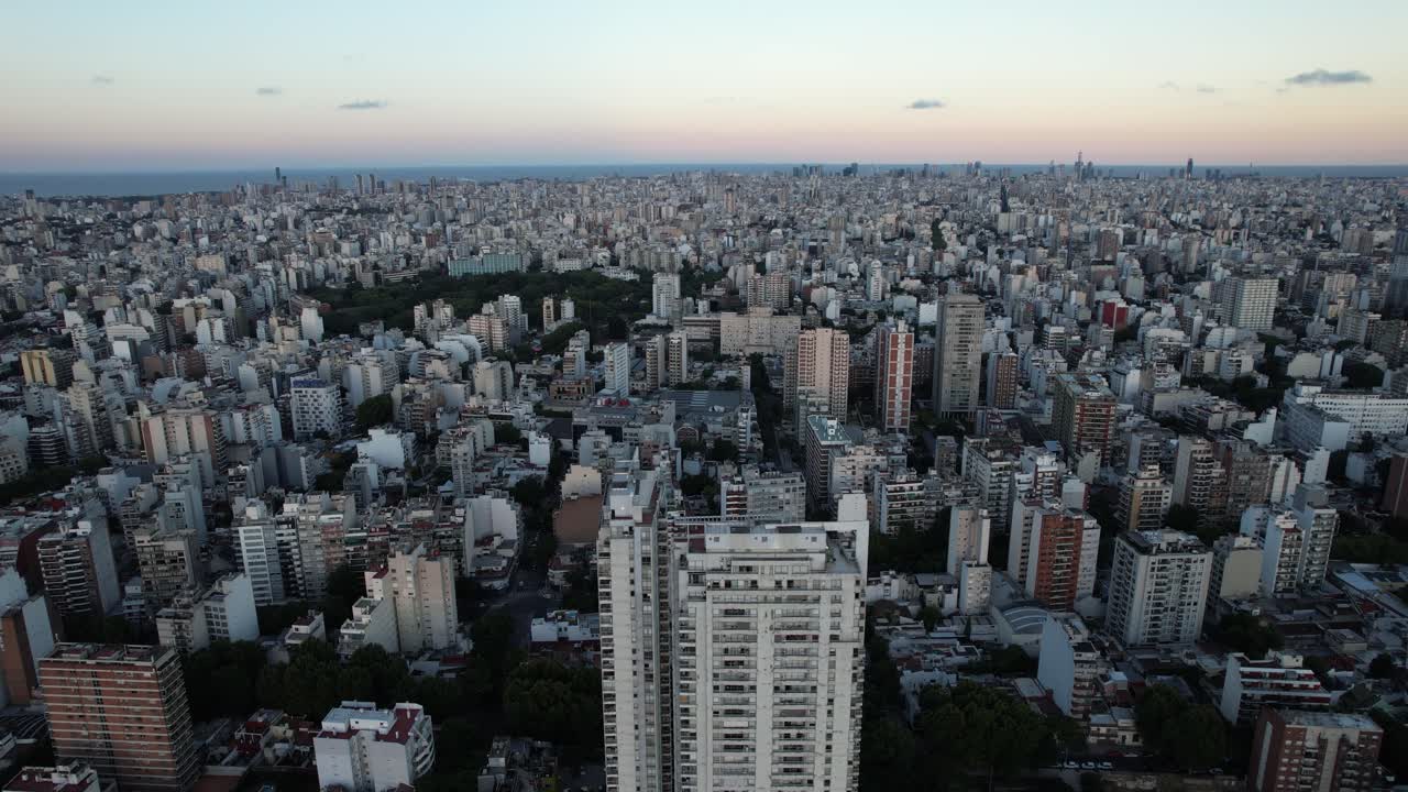 forward movement with drone in the capital of argentina, buenos aires, many buildings and soft light