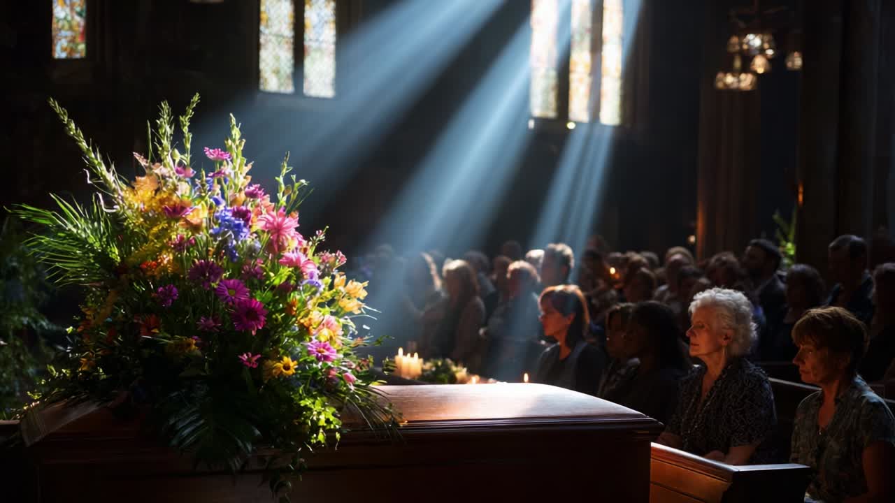 A solemn gathering of people in a beautifully lit space, surrounded by vibrant floral arrangements, as rays of light filter through stained glass, creating a serene and respectful atmosphere for a ceremonial occasion