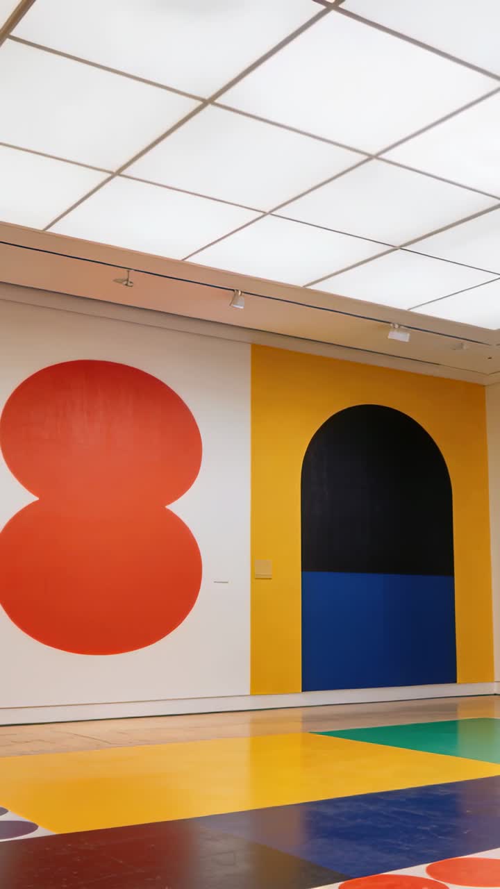 Vídeo vertical: Câmera em movimento panorâmico pela galeria, revelando a parede pontilhada à direita e o chão colorido.