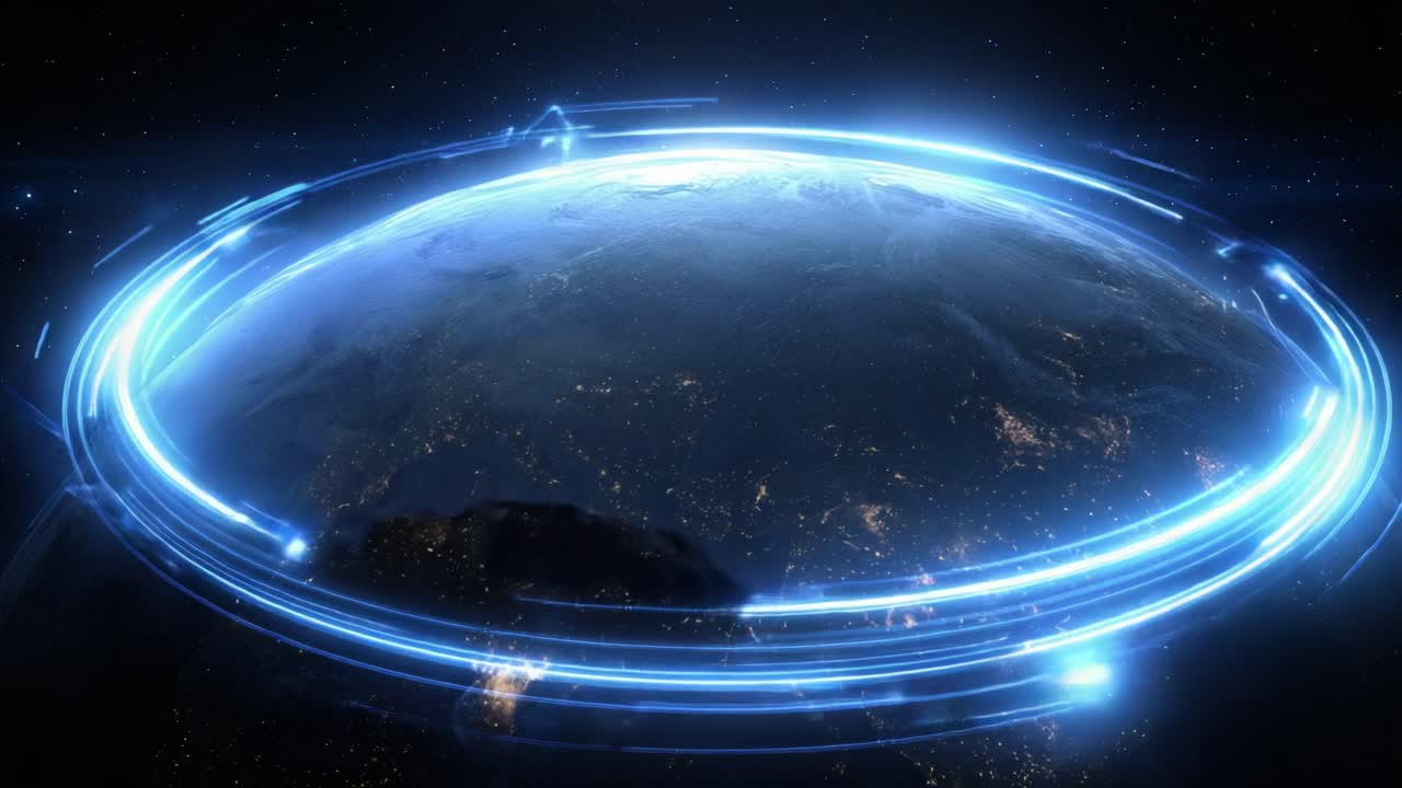 Luminous blue lines representing a global network connection encircling planet Earth at night, symbolizing big data, internet technology, and futuristic worldwide communication from space