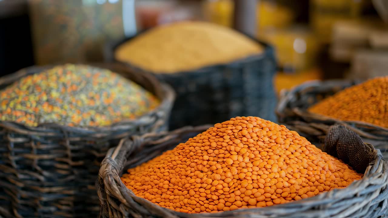 Assorted Dried Lentils in Baskets at a Market