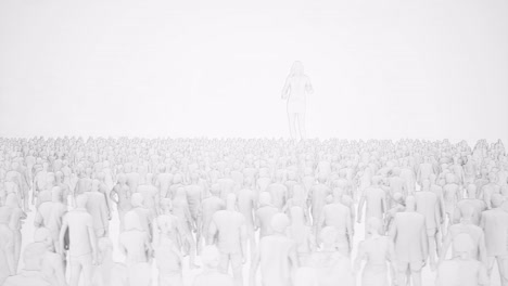 an outlined silhouette of a woman standing and talking in front of a crowd, 3d animation, animated scene , camera dolly right to left