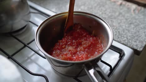 cocinar y agitar la salsa de tomate con un cucharón de madera