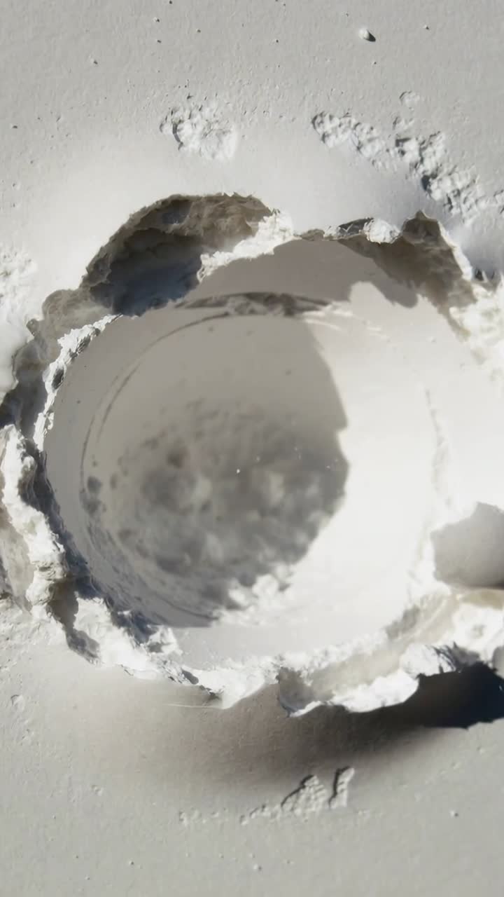 Vertical video: Turning pliers gripping arbor, coring bit cutting room wall and creating round hole
