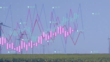Animation-of-statistics-and-financial-data-processing-over-wind-turbines-in-countryside