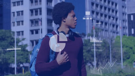 Charts-and-graphs-animation-over-student-with-backpack-walking-in-urban-area