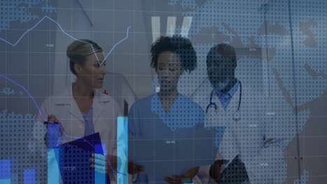 animation graphs and map over diverse doctors discussing patient reports while walking in corridor