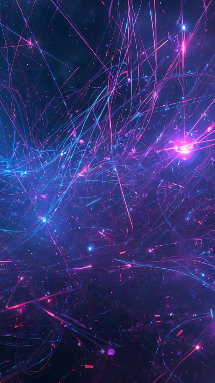 Vertical video: At start emerging neon light trails weaving in void with glowing particle points