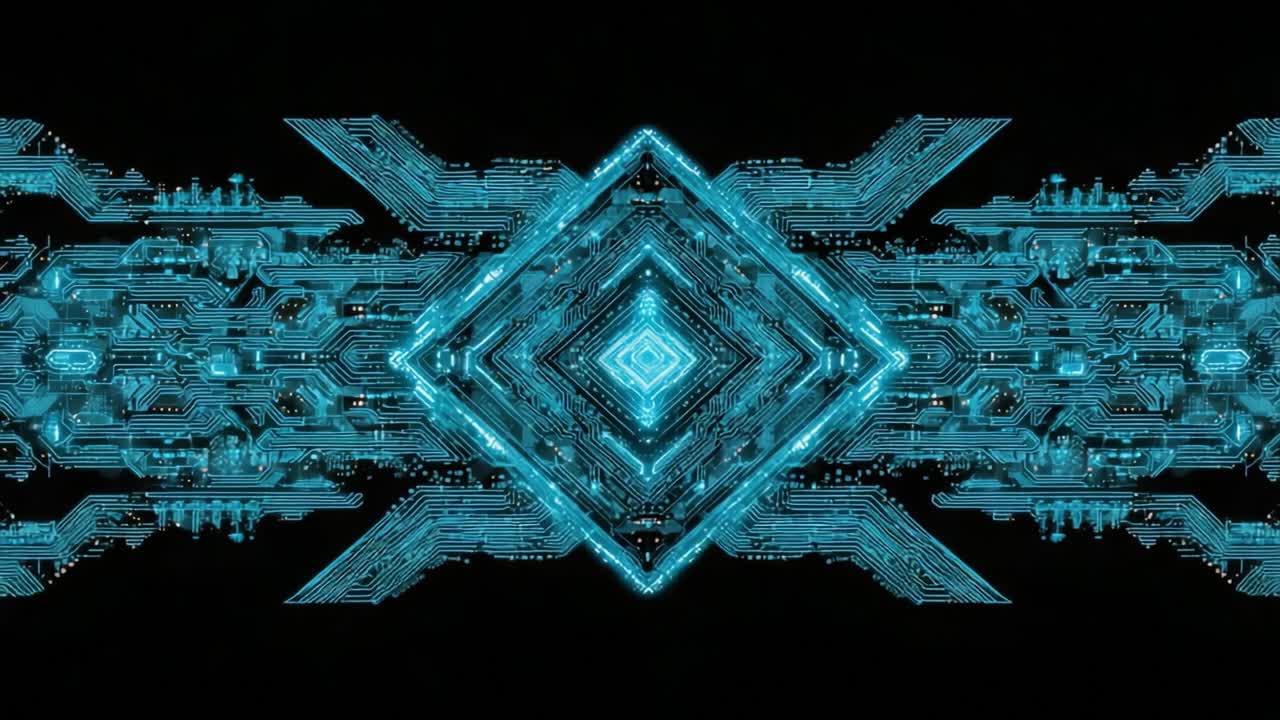 Futuristic Digital Circuit Design with Glowing Blue Patterns and Geometric Shapes Optimized for Visual Technology and Cyber Aesthetics in a Dark Background