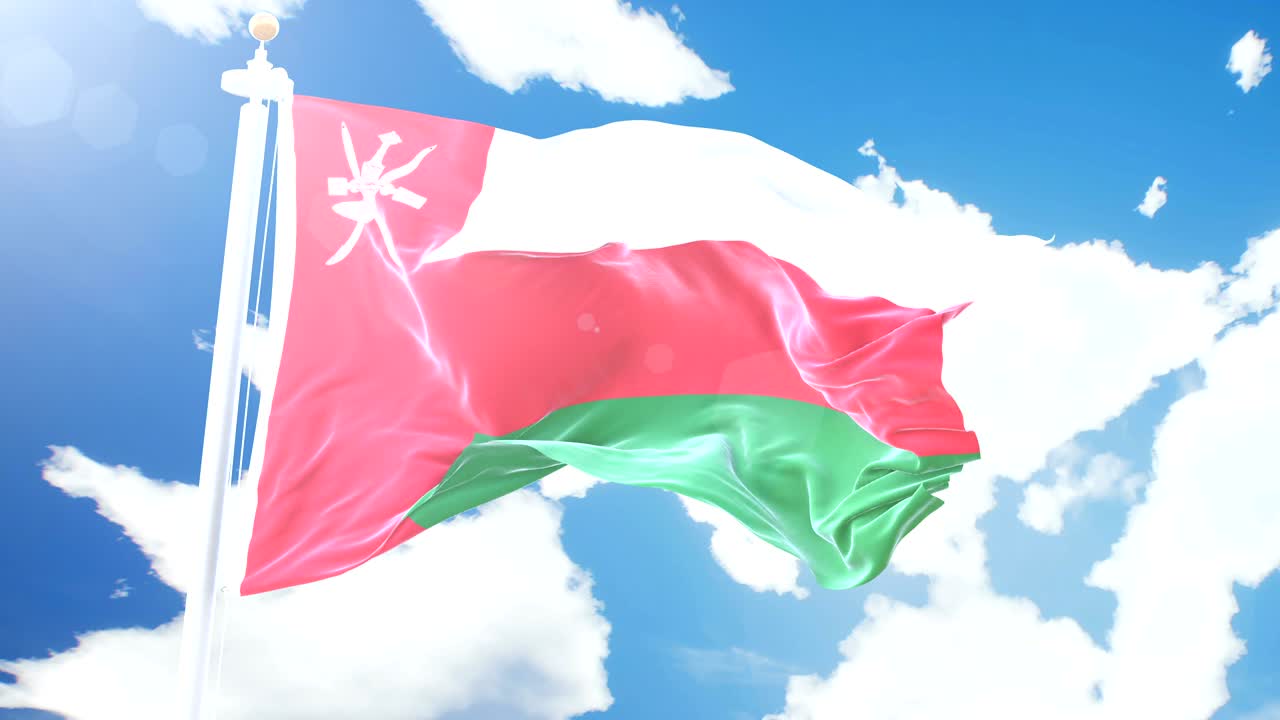 Bandera realista de Omán ondeando sobre un fondo de nubes en time-lapse. Bucle sin fin en resolución 4K con textura de tela detallada.