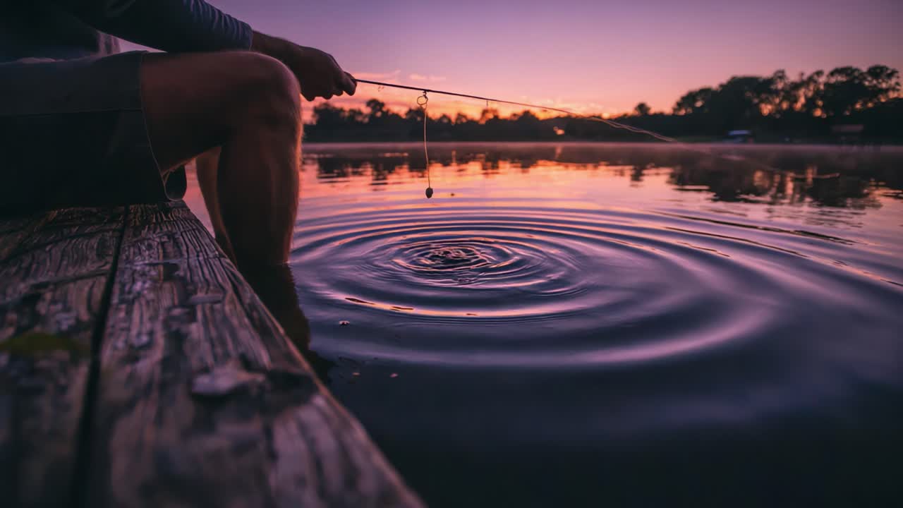 A Serene Evening Fishing Experience by the Water’s Edge, Capturing the Tranquility of Nature as the Sun Sets, Reflections Dancing on the Surface, Creating Gentle Ripples in the Calm Lake