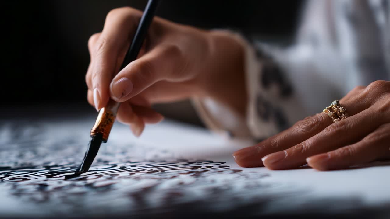 A close-up of a hand gracefully holding a calligraphy pen, carefully creating intricate black patterns on textured paper, showcasing artistry and creativity in the art of handwriting