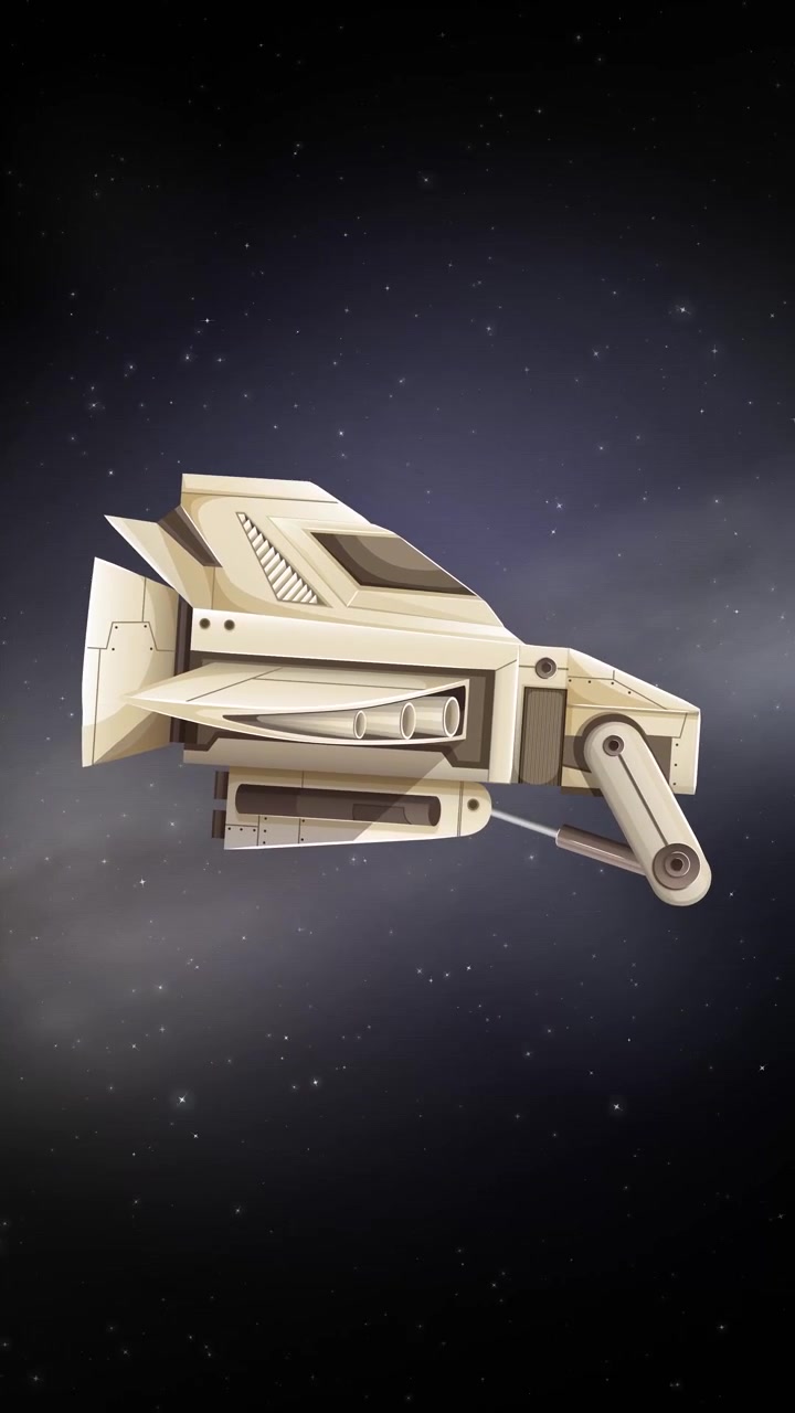 Animated sci-fi spacecraft drifting slowly through a dark, starry nebula in a vertical orientation.