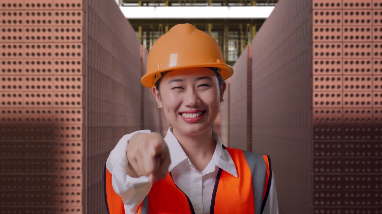 Close Up Of Asian Female Engineer With Safety Helmet Smiling And Touching Her Chest Then Pointing At You While Standing With Red Brick Packed in Stacks Are Stored
