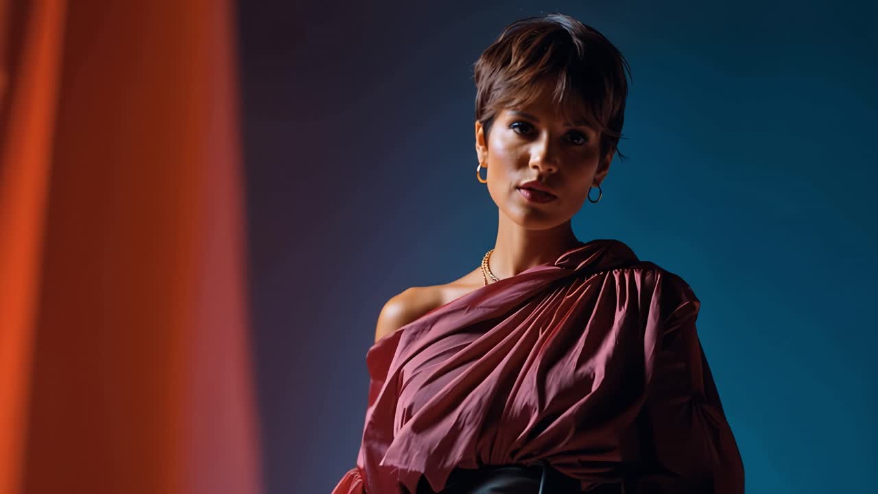 Woman stands confidently, draped in rich, textured gown. Soft hues of red and blue frame her poised expression. Her gaze holds quiet strength, unspoken emotion. Ideal for editorial, fashion