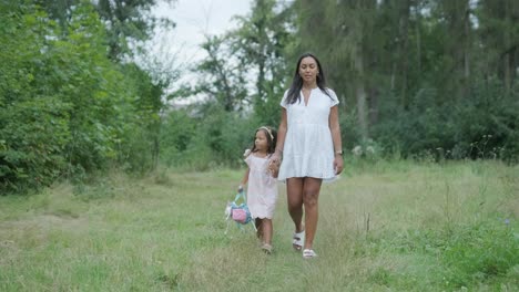 una mujer embarazada y su pequeña hija, ambas vestidas de blanco, caminan de la mano a través de un parque cubierto de hierba. la escena captura un momento sereno de unión familiar en la naturaleza, rodeada de árboles.