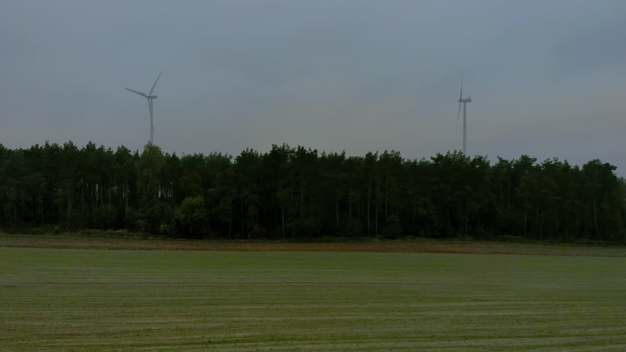 높은 나무 근처의 풍차 근처의 항공 영상, 지평선의 안개가 자욱한 기상 조건, 드론 촬영 비디오 4k