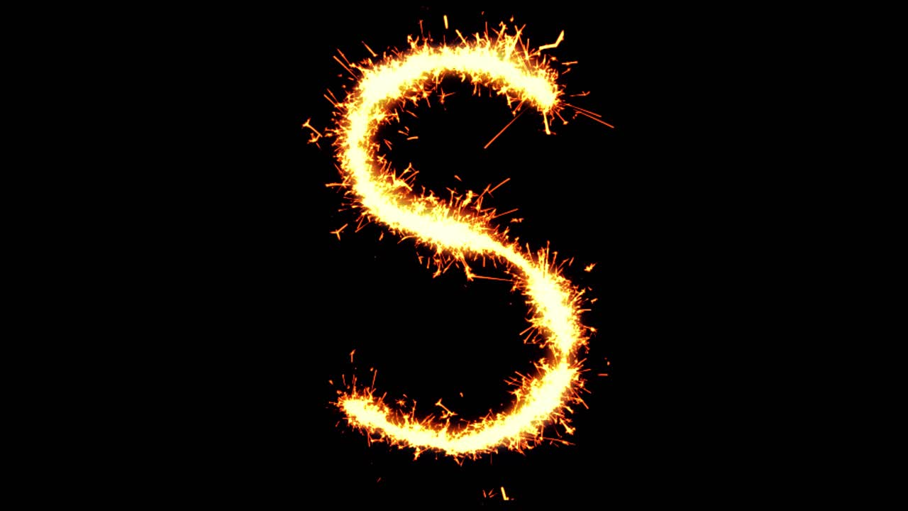 Alphabet s text sparkler writing with glitter sparks particles firework on black 4k loop background