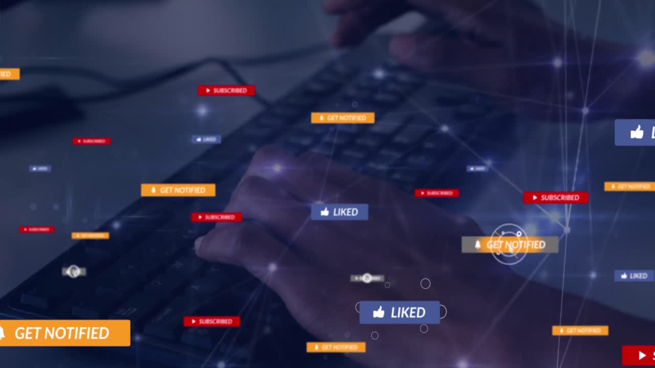 연결 네트워크와 소셜 미디어 아이콘의 애니메이션과 키보드에 타이핑하는 손 위의 텍스트